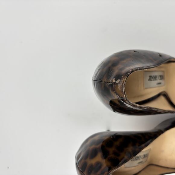 Jimmy Choo Cheetah Print Patent Leather Peep Toe Pumps Women's 37.5 - Picture 12 of 13